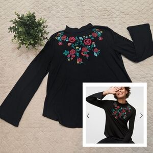 LOFT Black Embroidered Floral Mock Neck Bell Sleeves Blouse, Size Medium